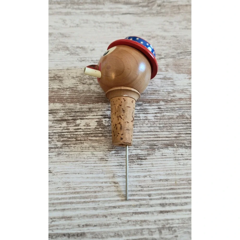 Vintage Wooden Novelty Face Bottle Stopper Funny Man Pipe Patriotic Hat Barware
